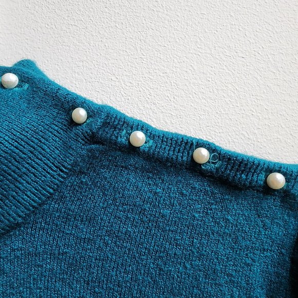 Heathcote Vintage Aqua Mock Neck Pearl Button Sweater Size 38/Large - Picture 8 of 16